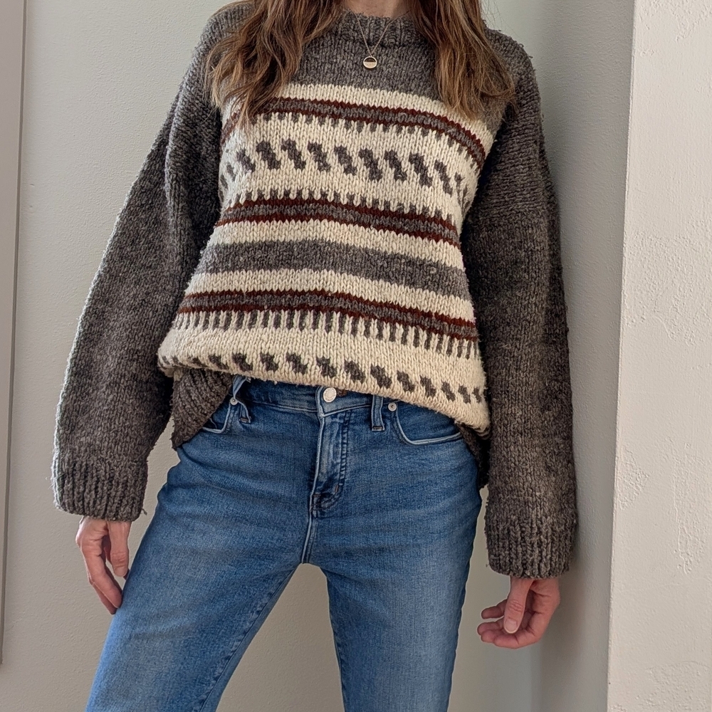 Vintage Fair Isle Abstract Geometric Chunky Wool Sweater In Gray/Cream